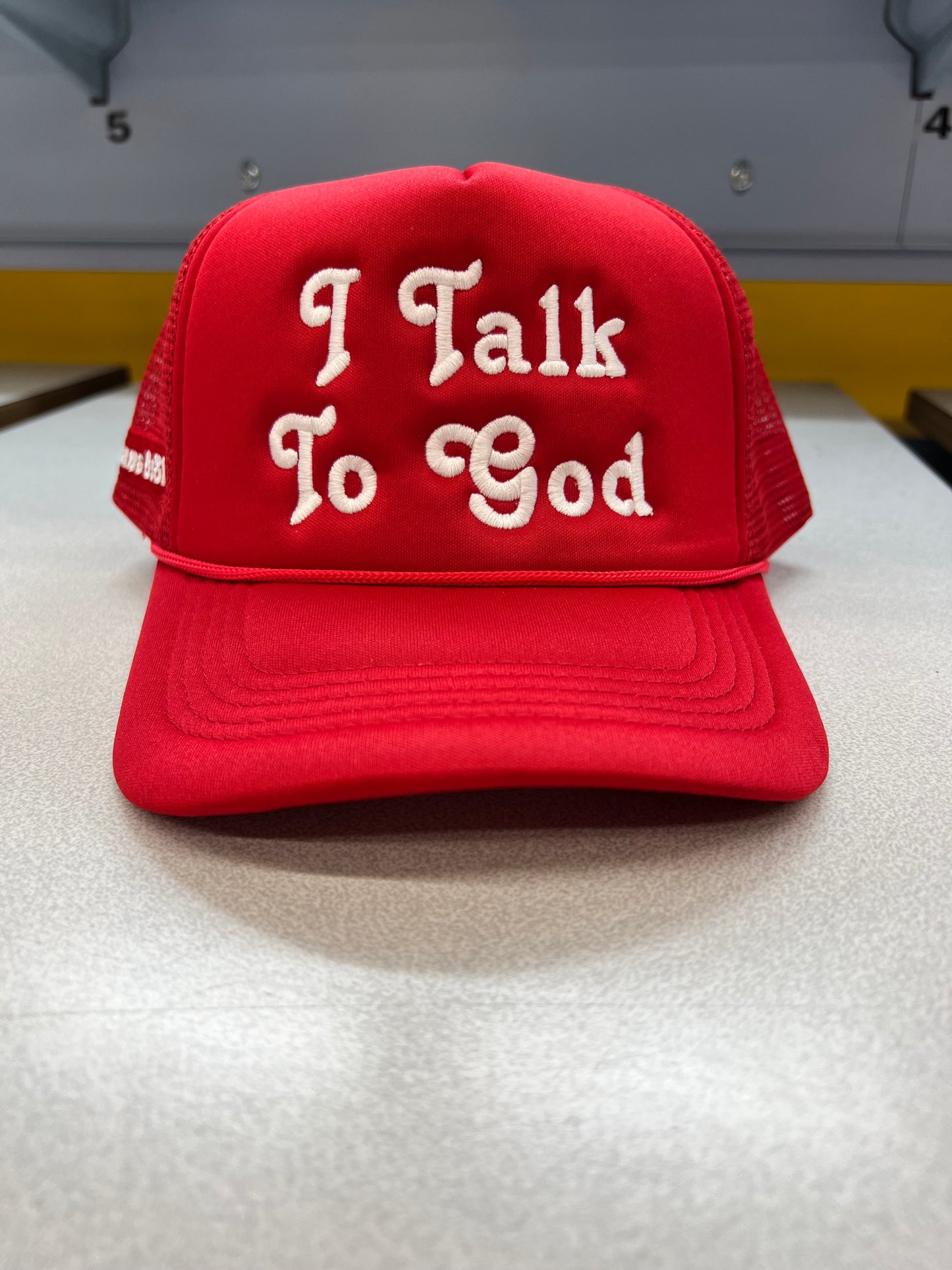 I Talk To God Trucker Hat - Red + White