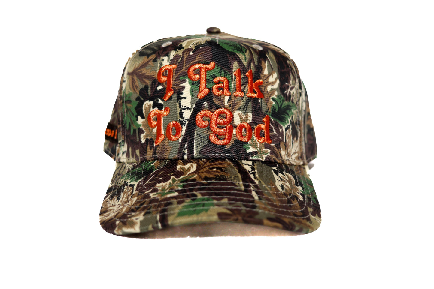 I Talk To God Trucker Hat - Camo + Orange