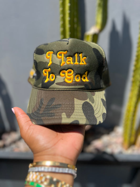 I Talk to God- Camo + Gold Trucker