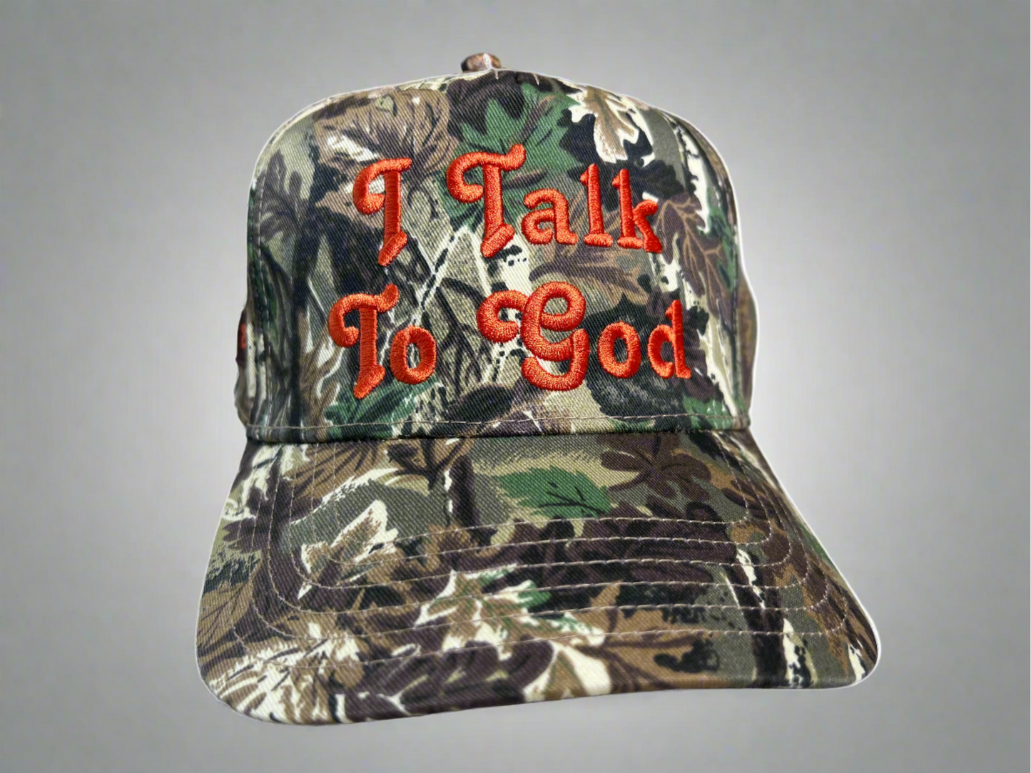 I Talk To God Trucker Hat - Camo + Orange