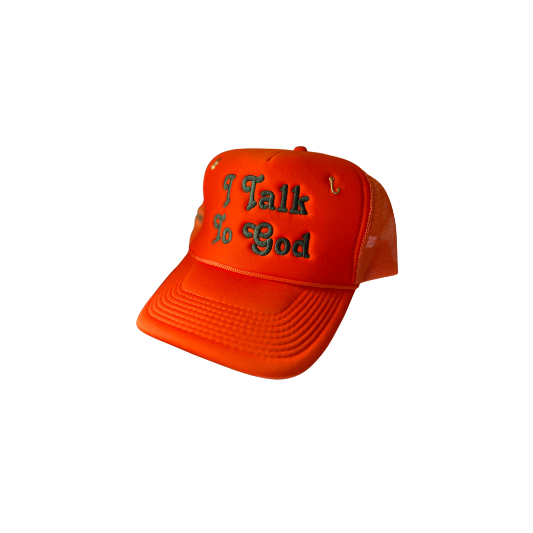 I Talk To God Trucker Hat - Orange + Forest Green FAMU