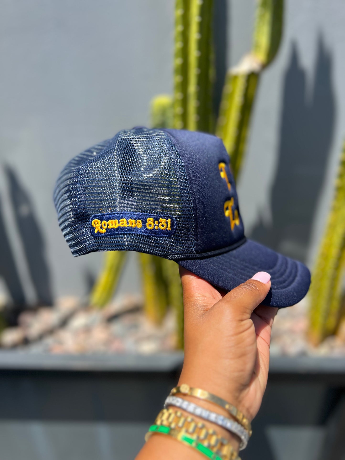 I Talk to God Trucker Hat - Navy + Gold