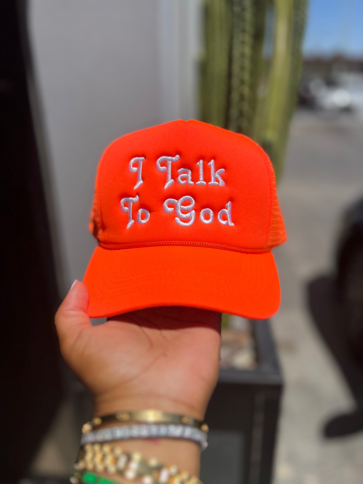 I Talk To God Trucker Hat - Neon + Frost White