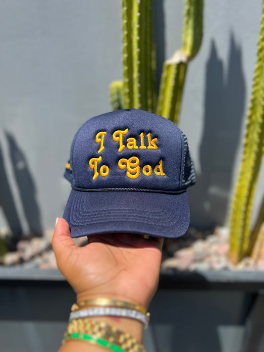 I Talk to God Trucker Hat - Navy + Gold