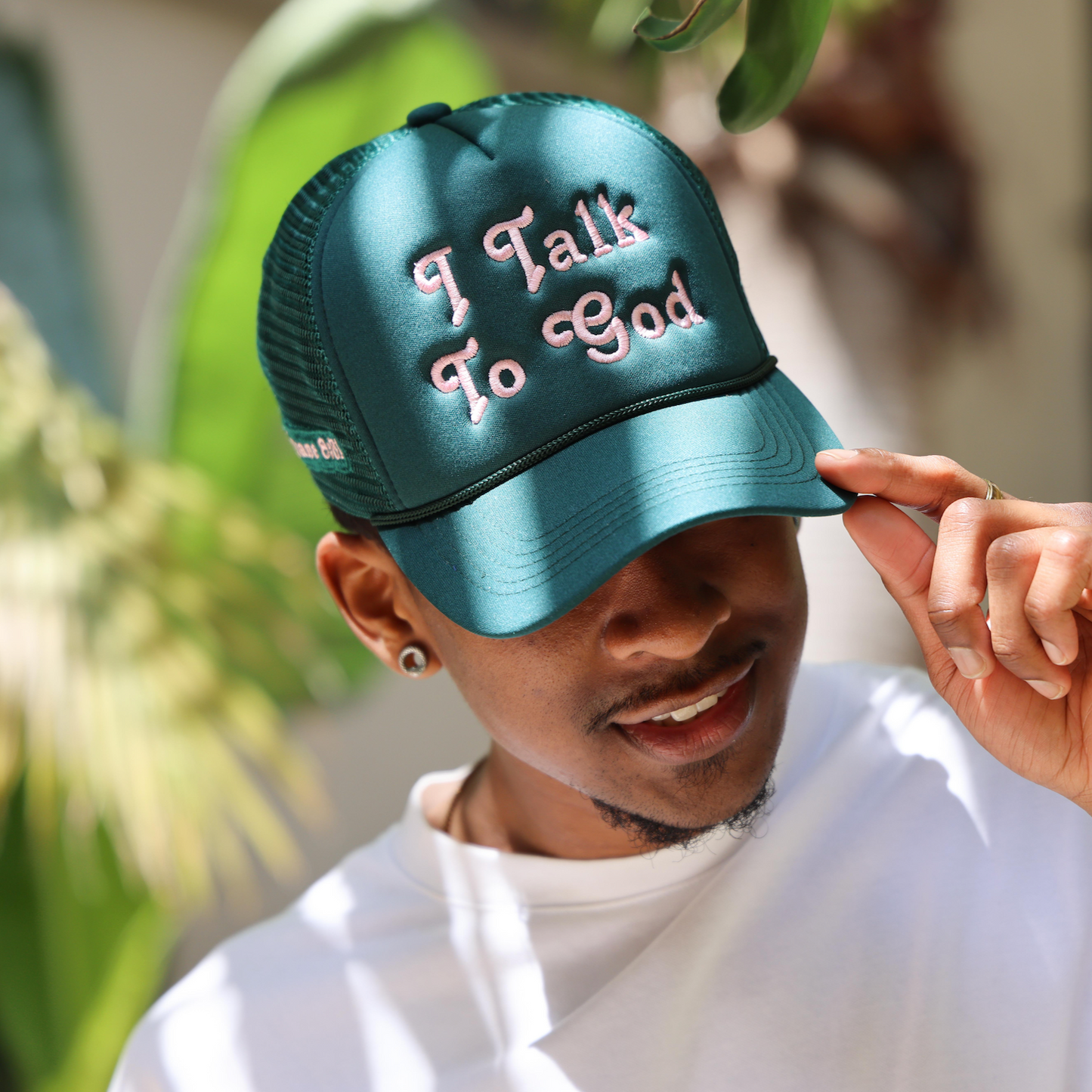 I Talk to God Trucker Hat - Green + Pink