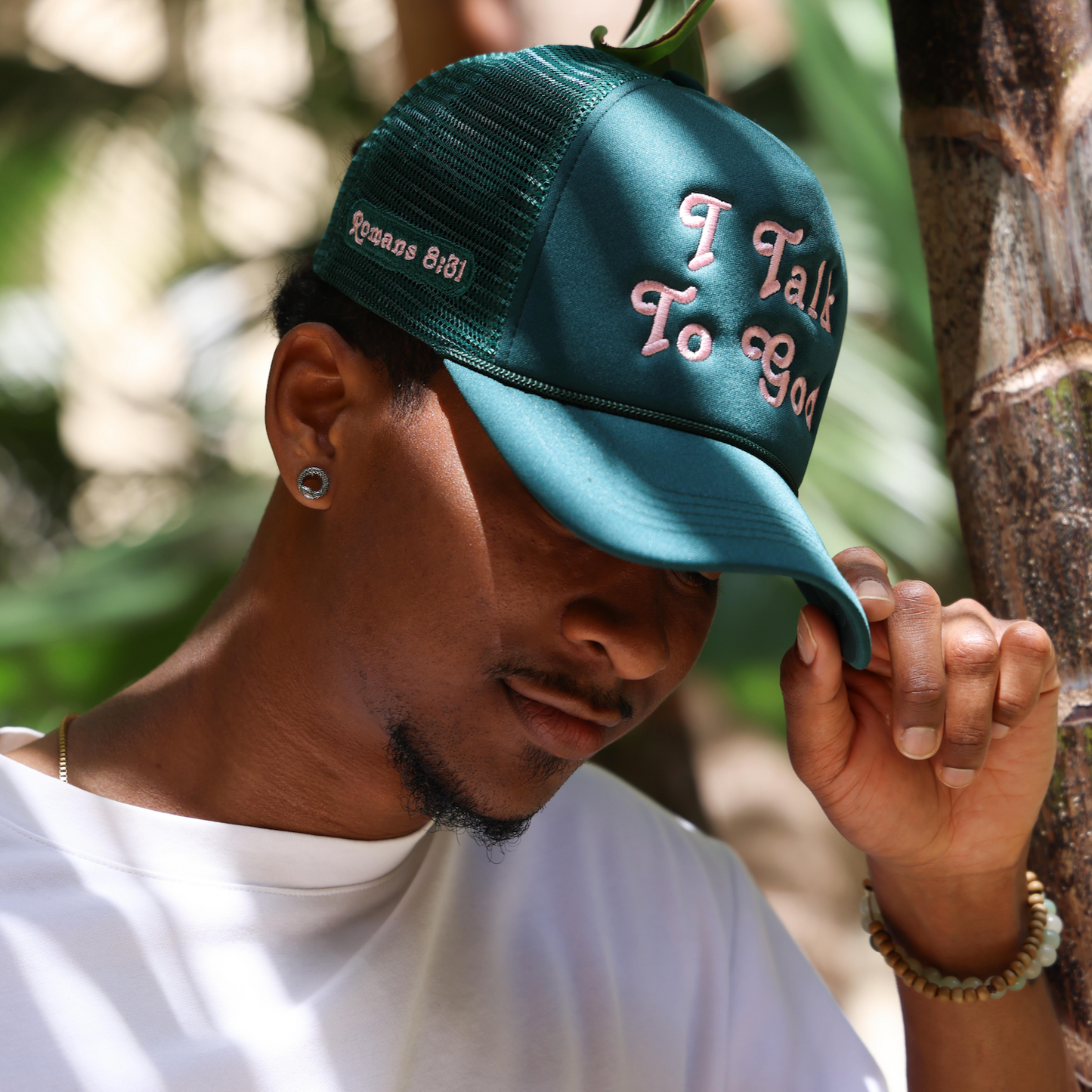 I Talk to God Trucker Hat - Green + Pink