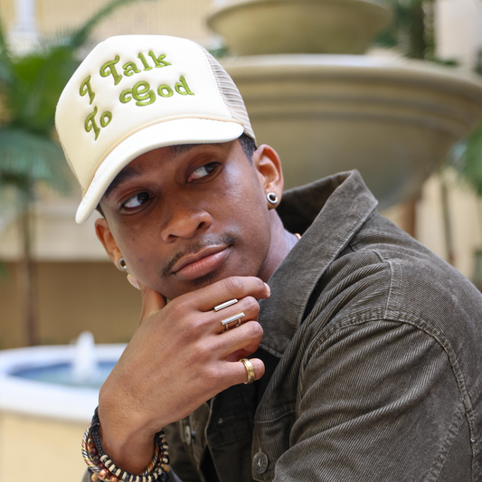 I Talk to God Trucker Hat - Creme + Olive Green