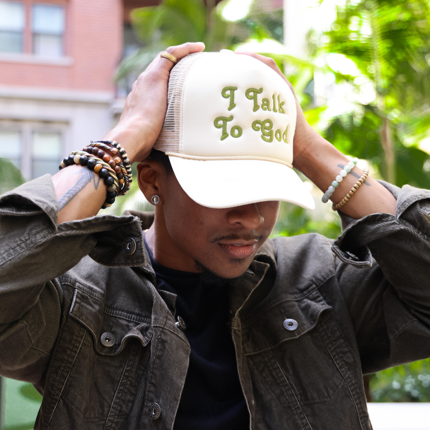 I Talk to God Trucker Hat - Creme + Olive Green