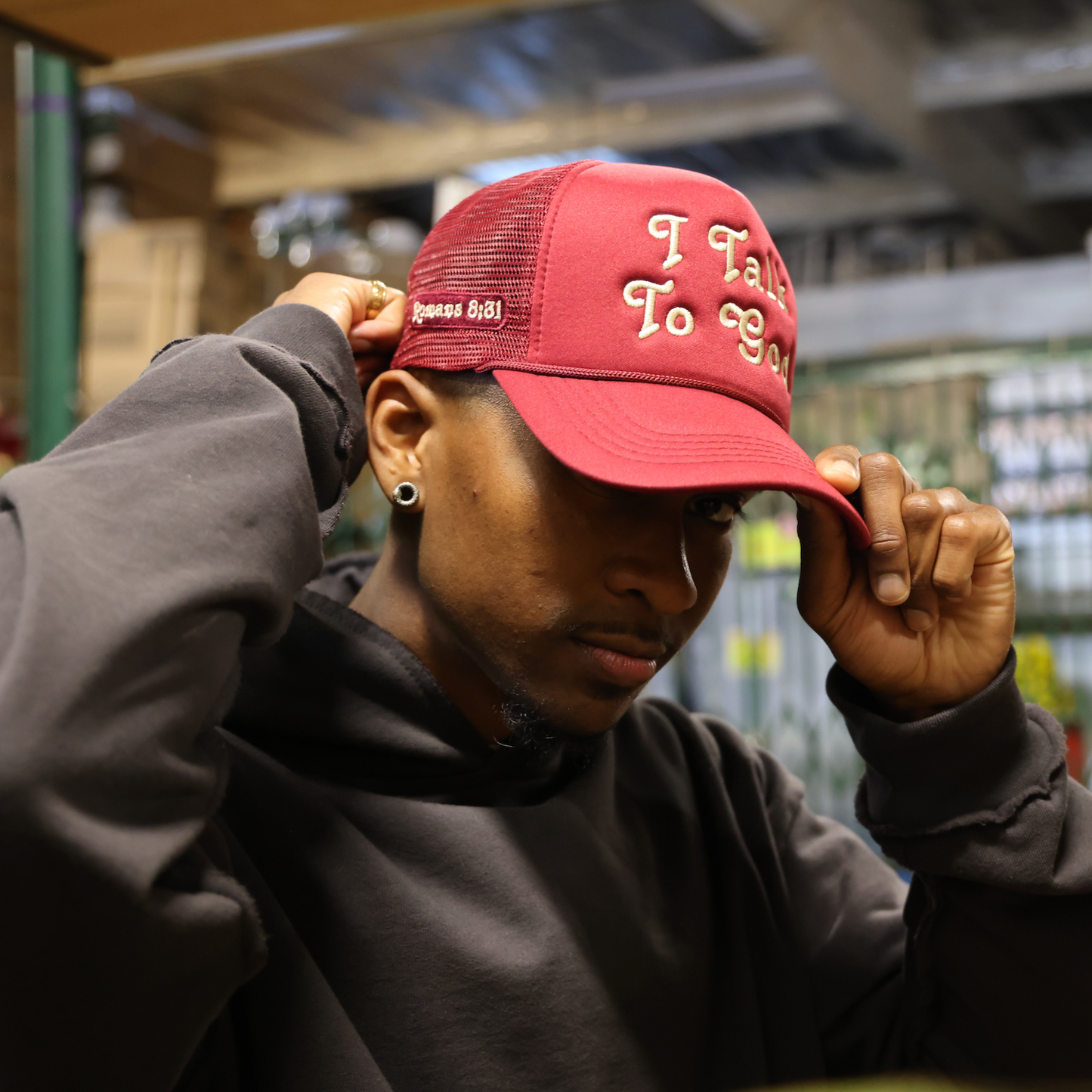 I Talk To God Trucker Hat - Cherry + Creme